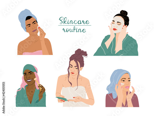 Set of illustrations with female characters. Facial skin care, woman's morning routine. Young girls of various nationalities do their morning routines. Illustrations of female characters in flat style