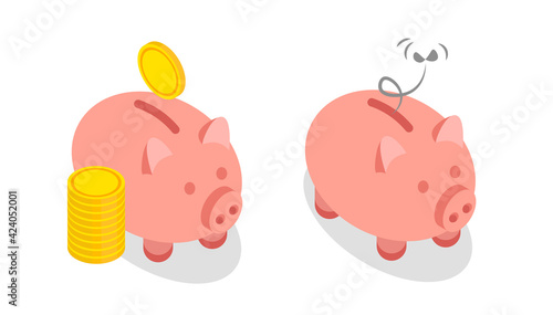 Happy full and sad empty isometric piggy bank. Vector illustration isolated on white background.