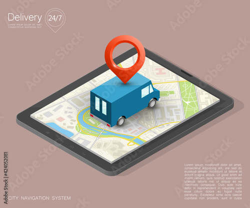 Isometry city map navigation route, phone point delivery van, isometric schema itinerary delivery car, city plan GPS navigation, itinerary destination arrow city map. Route delivery truck check point