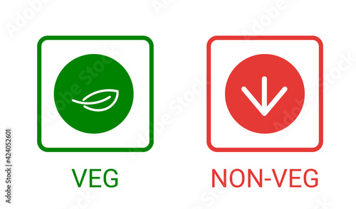 Veg, non-veg - Vegetarian and non-vegetarian marks in India, Sri Lanka, Pakistan. Green sign for packaged food and toothpaste products. Food icon symbol