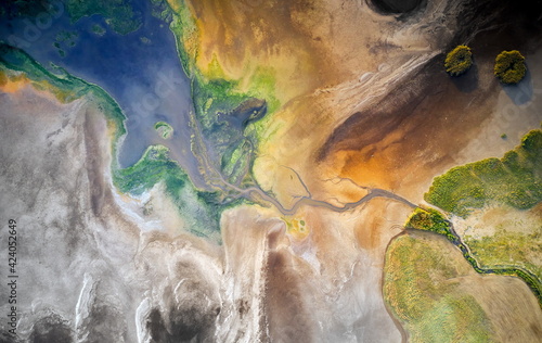 Dry lake or swamp in the process of drought and lack of rain or moisture, a global natural disaster - aerial drone view