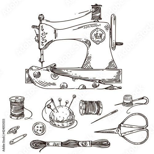 Vintage sewing machine with tools. Engraving stule. Vector illustration.