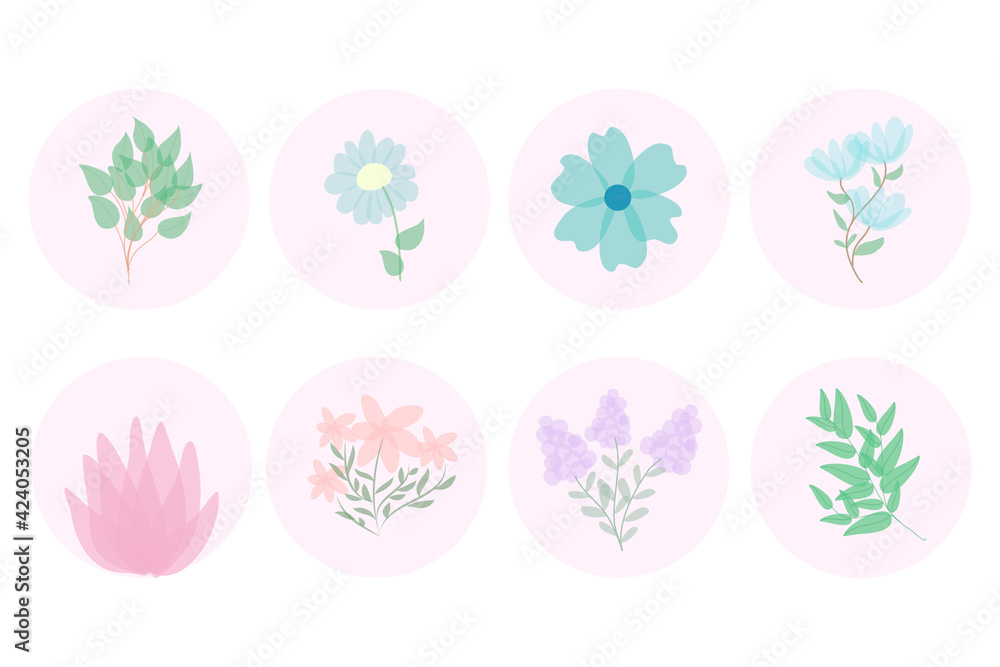 Highlight covers for social media stories vector. Multicolored circles with flowers and leaves. Round floral botanical icons. Perfect for bloggers, brands, stickers, wending, design, decor
