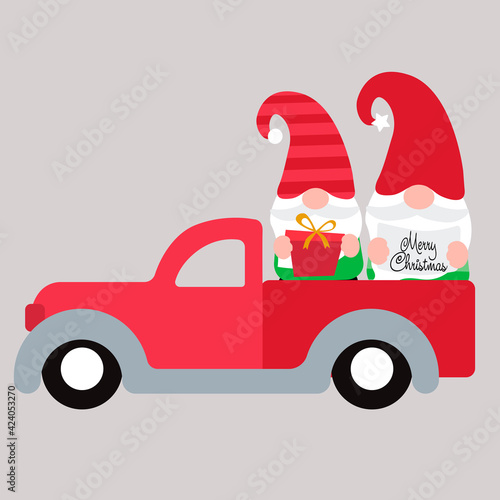 Cute christmas gnome with truck, vector illustration art.