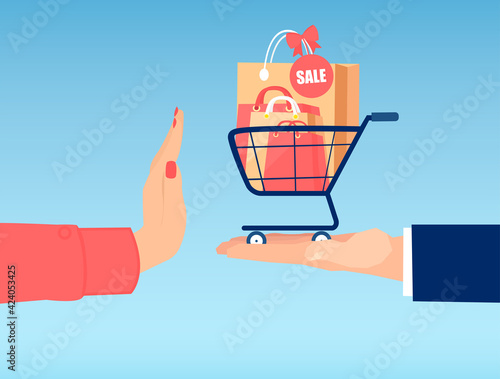 Vector of a woman hand rejecting shopping bags with products on sale