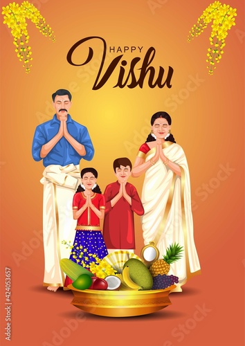 Happy Vishu greetings. April 14 Kerala festival with family Vishu Kani, vishu flower Fruits and vegetables in a bronze vessel. vector illustration design(Malayalam translation: happy vishu)  