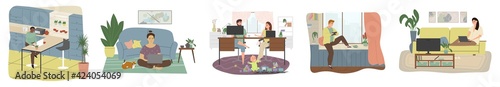 Freelance people work in comfortable conditions set vector flat illustration.