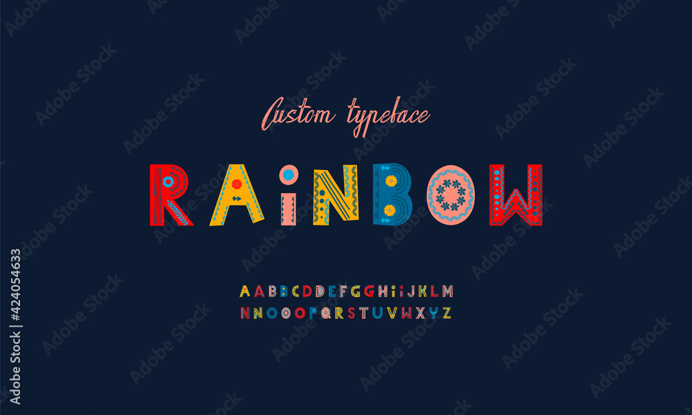 Ethnic bright vector alphabet. Hipster Graphic font. Primitive simple stylized ABC design. Funny Doodle elements, childish 