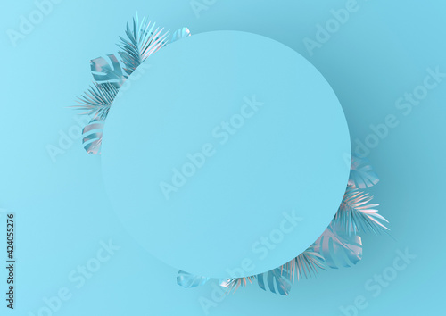 Fototapeta Naklejka Na Ścianę i Meble -  Blue background for text or logo. 3d rendered illustration with tropical leaves, free space. Events, holiday, beauty. Trendy design.