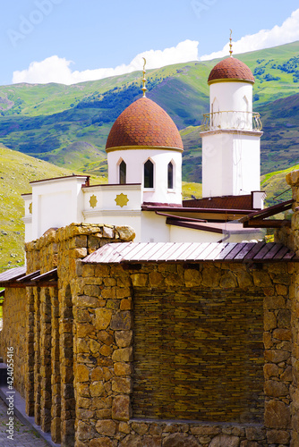 Snow-white mosque in the village of Eltyubyu in the valley of the Chegem river