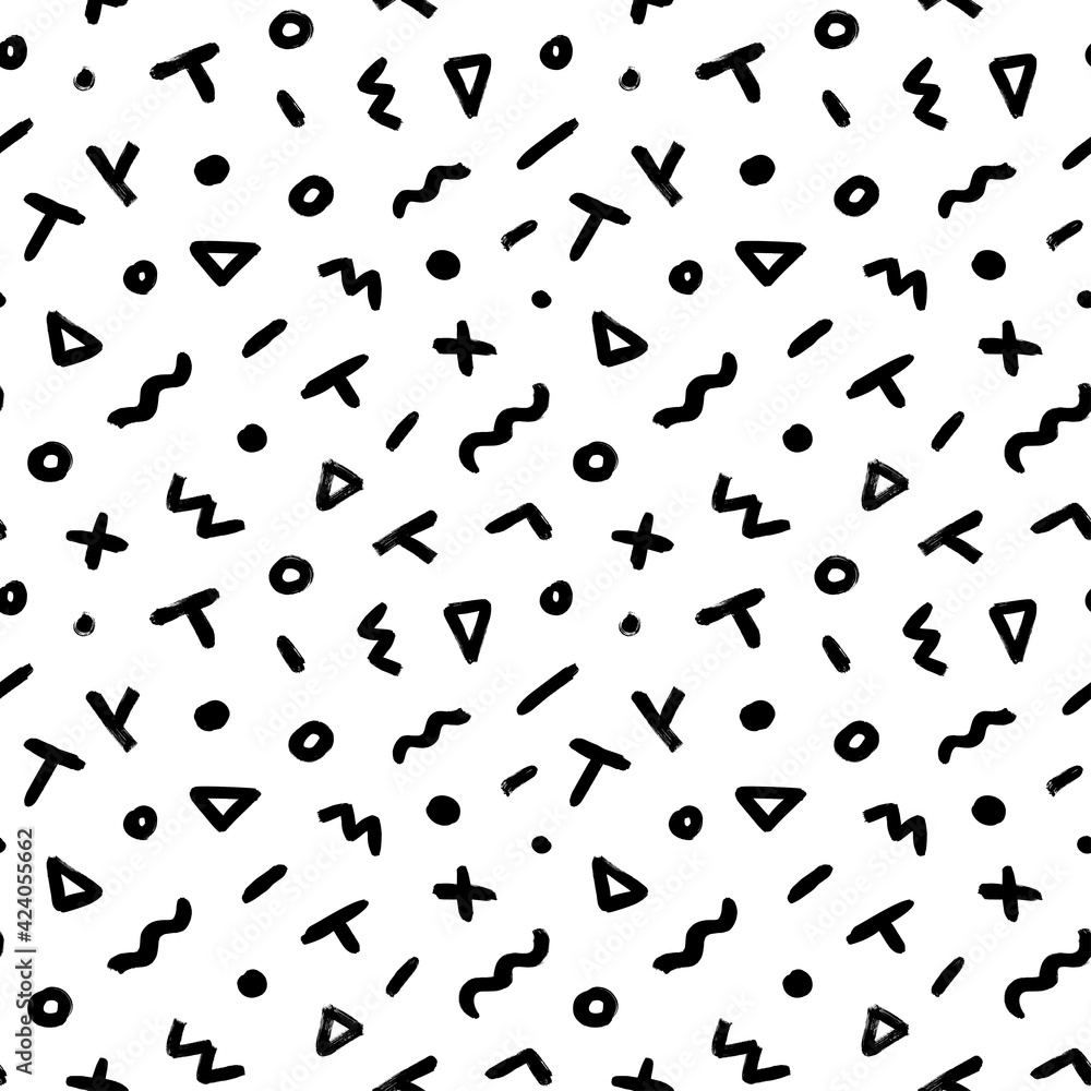 Geometric pattern memphis style background. Seamless abstract vector black pattern. Grunge straight brush stroke, triangles, circles, dots, fluid shapes, zigzag lines. Ink illustration in 80-90s style Geometric pattern memphis style background. Seamless abstract vector black pattern. Grunge straight brush stroke, triangles, circles, dots, fluid shapes, zigzag lines. Ink illustration in 80-90s style