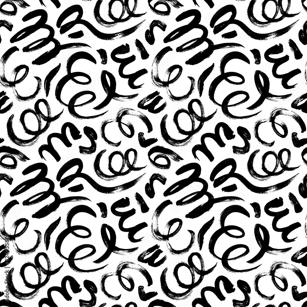 Black paint freehand scribbles vector seamless pattern. Wavy lines and round shapes, dry brush stroke texture. Abstract monochrome wallpaper design, trendy textile print. Wavy and swirled brush stroke Black paint freehand scribbles vector seamless pattern. Wavy lines and round shapes, dry brush stroke texture. Abstract monochrome wallpaper design, trendy textile print. Wavy and swirled brush stroke