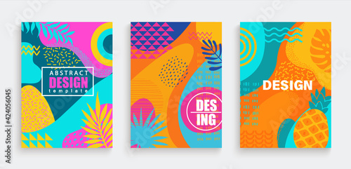 Abstract summer cards,banners,flyers with spotty pattern of geometric figures,line,wave,dot in trendy memphis style.Fluid shapes in summertime backgrounds.Template for design,sales,social media,web.