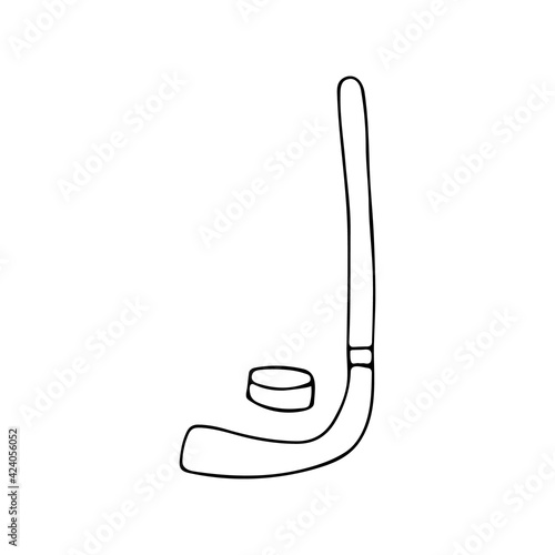 Hand drawn hockey concept illustration with doodle hockey stick and puck. Doodle hockey concept with hockey stick and puck illustrations in vector photo