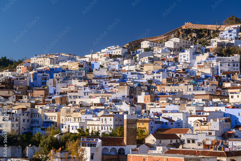 Chefchaouen, partial view of the blue city of Morocco on December 24, 2016.