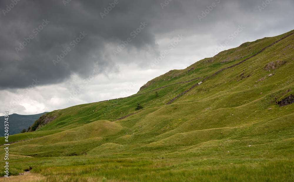 Grassland hill against cloudy sky in the Honister Pass in the Lake District in England UK