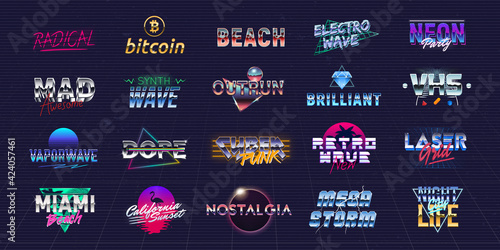 Vector set of futuristic logos in Retro 80s style. Vaporwave, Synthwave logo set for Night club, Casino, music album, party invitation designs. Print for t-shirt, tee. 20 colorful neon logo designs.