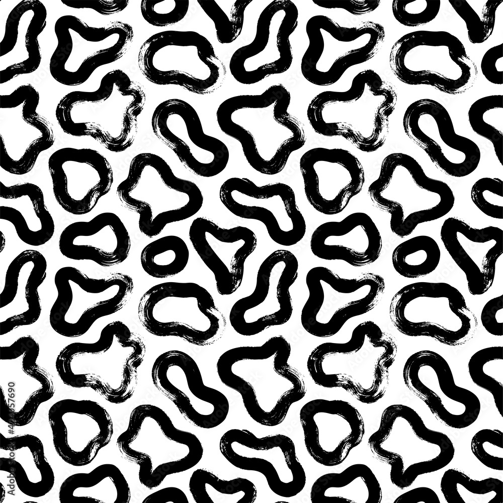 Hand drawn fluid shapes seamless pattern. Black vector ink illustration. Wave grunge lines, liquid shapes in Memphis style. Organic and bio ornament, hand painted abstract texture, dry brushstrokes. 