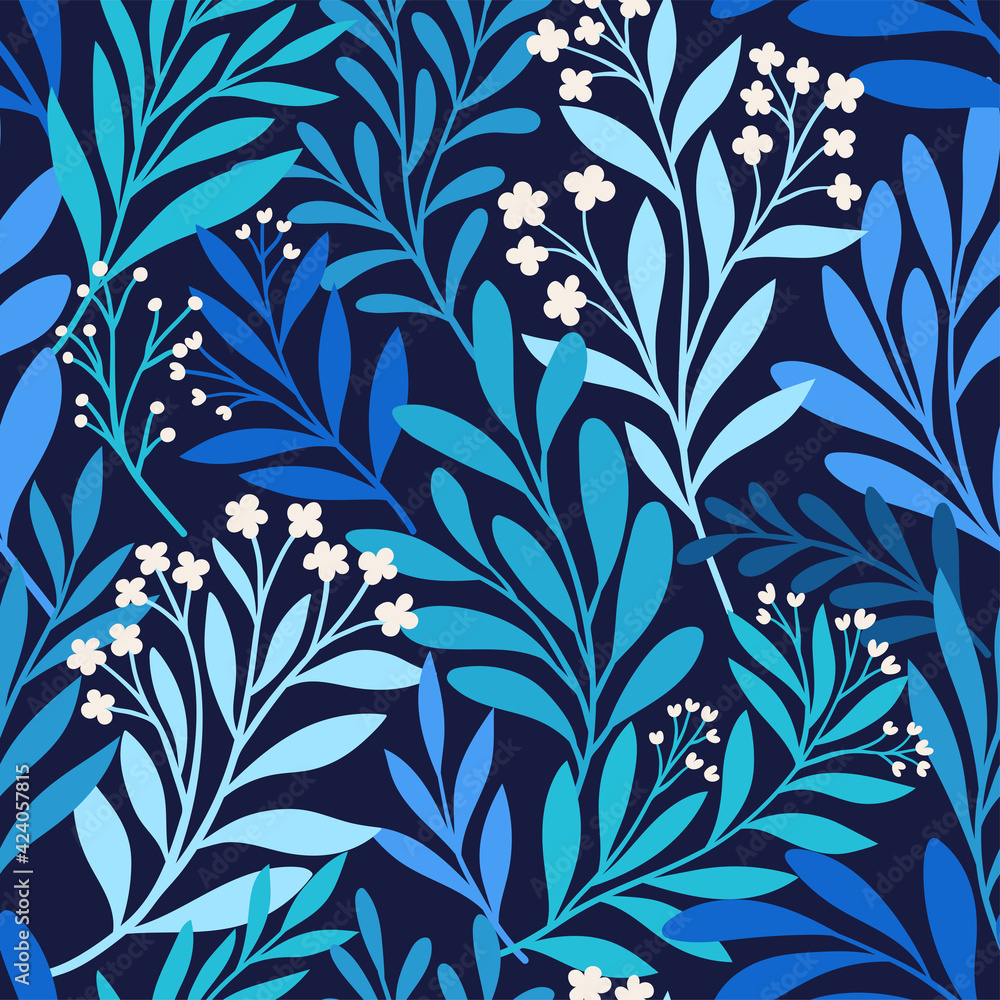 Fototapeta premium Vector hand drawn leaves seamless pattern. Abstract trendy floral background. Repeatable texture.
