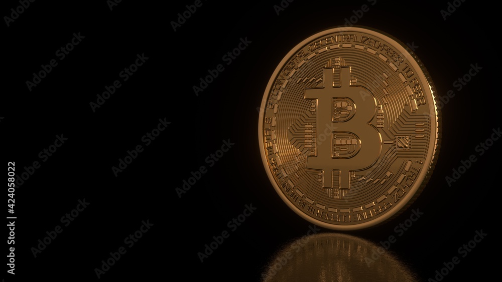 Bitcoin Crypto currency Gold BTC isolated on black background. Blockchain technology. Business background. Blockchain technology, bitcoin mining concept. 3d rendering Bitcoin Crypto currency Gold BTC isolated on black background. Blockchain technology. Business background. Blockchain technology, bitcoin mining concept. 3d rendering