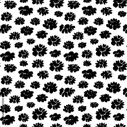 Brush flower vector seamless pattern. Hand drawn botanical ink illustration with floral motif. Chamomile or daisy painted by brush. Hand drawn black print for fabric, wrapping paper, wallpaper design 