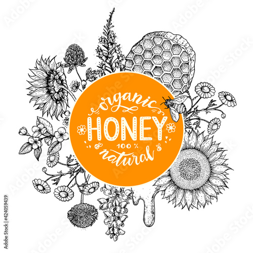 Honey hand drawn vector illustration. Healthy food illustration. Lettering Organic Honey 100% natural. Honeycomb, flowers, jar of honey sketch.