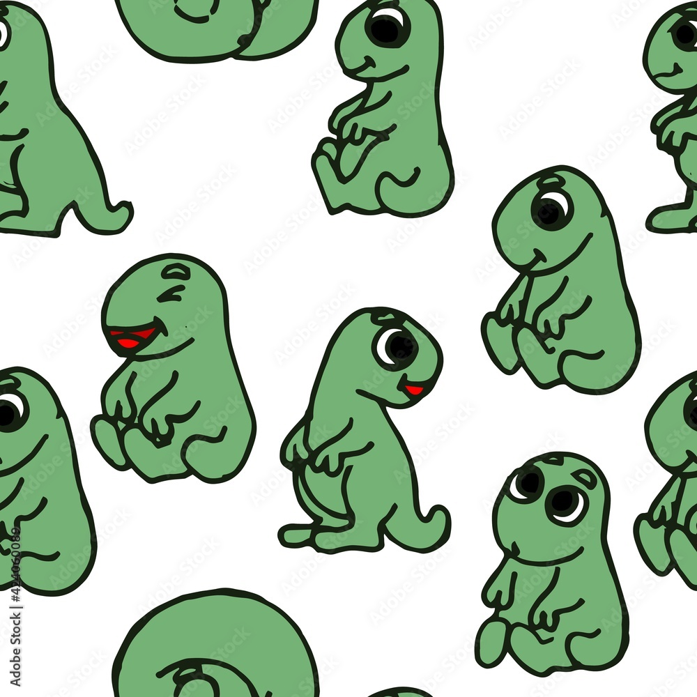 Obraz premium Cheerful funny dinosaur. Seamless dino illustration. Cartoon sketch style. Hand outline drawing of animal. vector