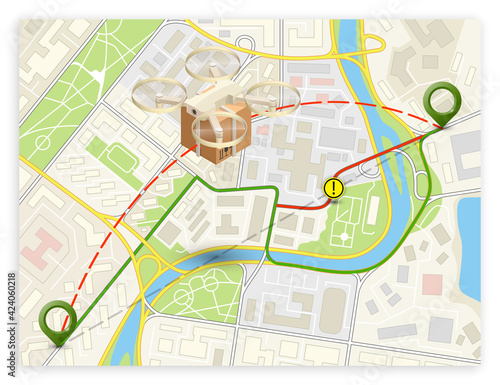 Drone delivery above the flat city map concept banner. Quadcopter flying over a map and carrying a package to customer. 3d isometric icon