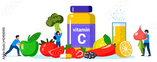 Vitamin C vector illustration Healthy eating and diet Different food rich of vitamin C Dietetic organic nutrition Food supplement and health care concept Source of vitamin C fruits and vegetables