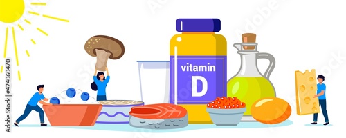 Vitamin D vector illustration Healthy eating and diet Different food rich of vitamin d Organic liver oil supplement and skin synthesis Dietetic organic nutrition Food supplement and health care concep