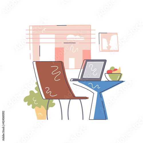 Cozy workplace with computer and fruits bowl on white