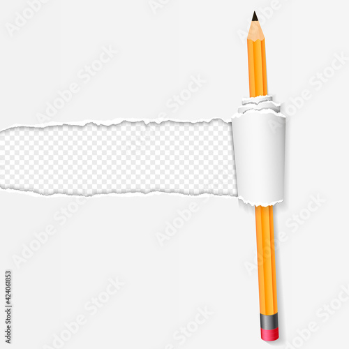 Realistic crumpled paper with rolled edge and yellow pencil on transparent background