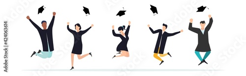 Graduate quarantine. Graduates celebrate 2021 graduation during coronavirus quarantine. Boys and girls having fun jump and toss up mortarboards and diplomas. Vector.