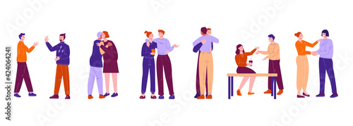 Set of vector illustrations of informal meeting of friends and colleagues. Mutual hugs, greetings. Flat style.