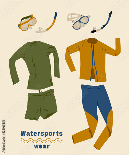 Wetsuit, mask and snorkel set. Long sleeve wear for watersports. Swimsuits shorts and leggings. Vector illustration.