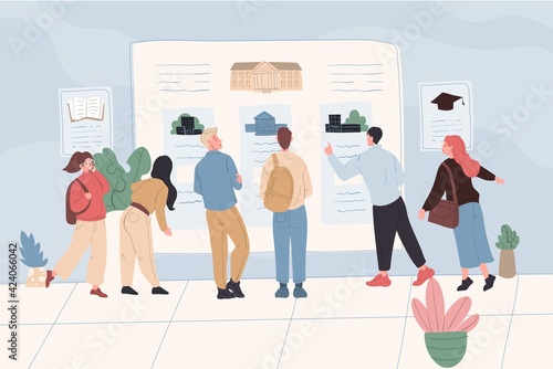 Vector cartoon flat student characters boys girls at institute,college bulletin board.Young people teenager students examine information about educational institutions on announcements billboard