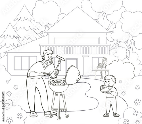 Coloring book:the father grills on the lawn near the house,the little son eats sausages,in the distance,the mother is stirring the salad.Vector illustration in cartoon style,black and white line art © Hanna