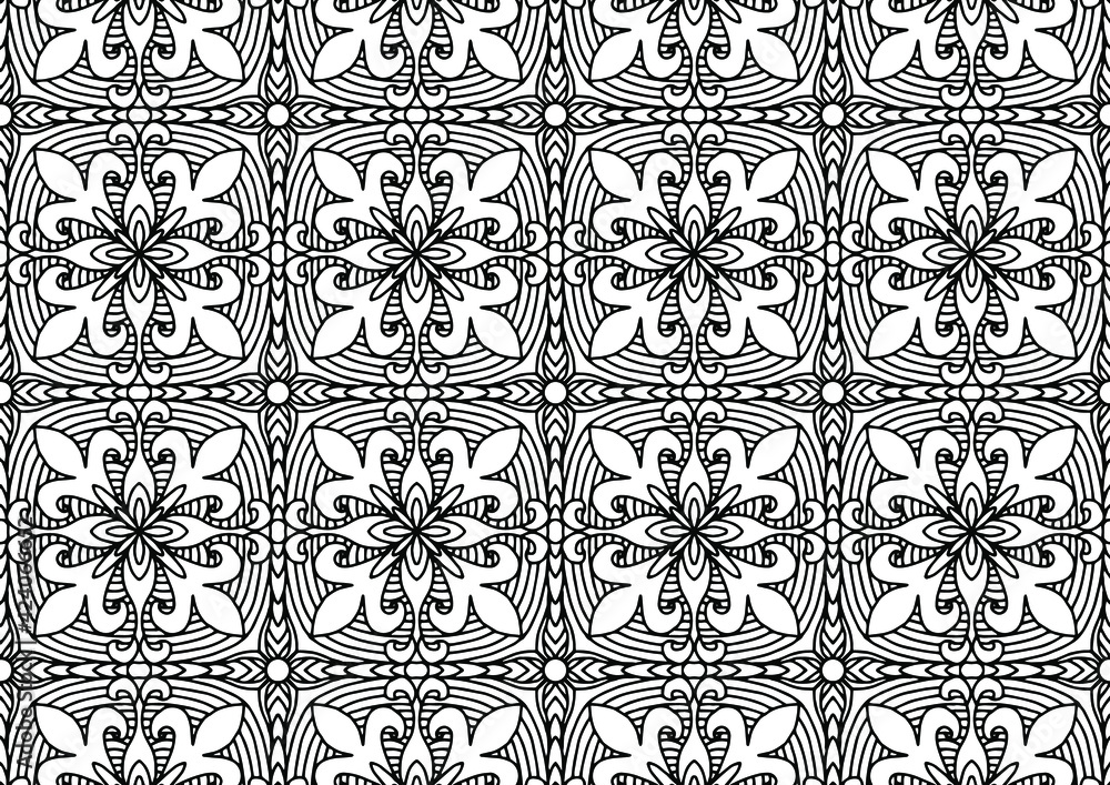 abstract tile with flowers drawn in folk style on a white background for coloring, vector