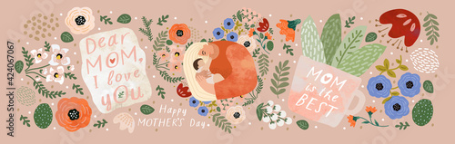 Mothers Day. Vector watercolor illustrations of mom, baby, flowers, hearts, pattern and text. Drawings for postcard, poster or background