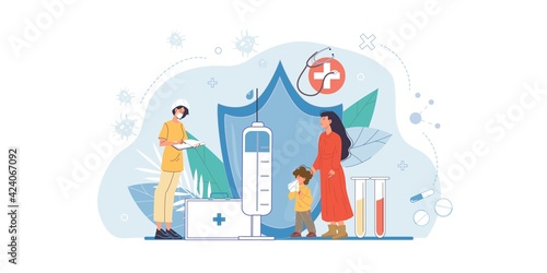 Vector cartoon flat doctor and patient characters prepare for anti virus vaccination-coronavirus infection disease prevention,covid vaccine protection method concept with medical devices symbols