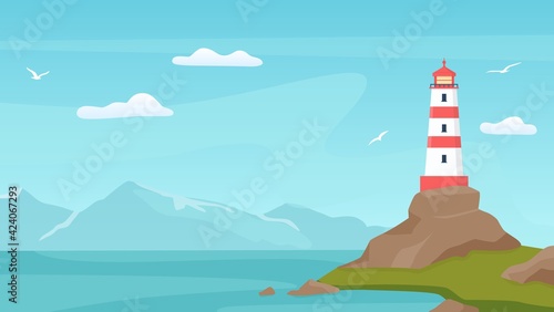 Sea landscape with beacon. Lighthouse tower on coast with rock. Cartoon blue sky with seagulls, shore, ocean waves and mountain vector scene