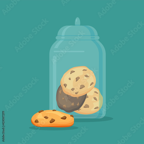 Traditional chip cookies with chocolate in the glass jar or vase. Vector illustration isolated.