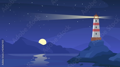 Lighthouse at night. Sea beacon with beam on rocky coast. Cartoon navigation light tower on seashore, starry sky and ocean vector landscape