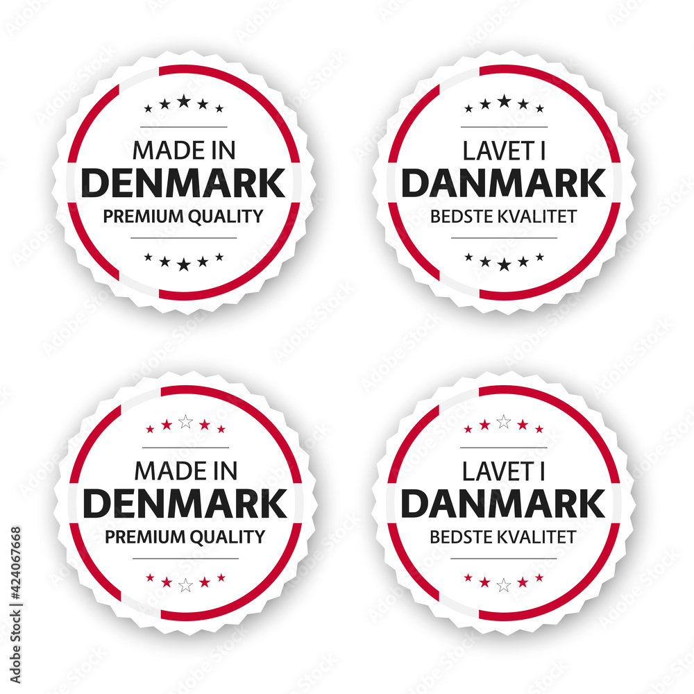 Set of four Danish labels. Made in Denmark In Danish Lavet i Danmark. Premium quality stickers and symbols with stars. Simple vector illustration isolated on white background Set of four Danish labels. Made in Denmark In Danish Lavet i Danmark. Premium quality stickers and symbols with stars. Simple vector illustration isolated on white background