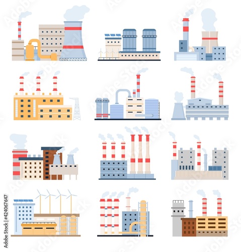 Factory buildings. Eco power plants with solar panels and windmill, chemical manufacturing and industrial complex. Flat factories vector set