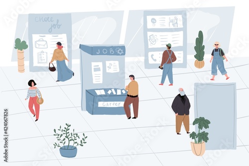 Vector cartoon flat work characters employee in search at job fair.People of different professions seeking for job at career expo-read,exam,analyzing work announcements at employers stands