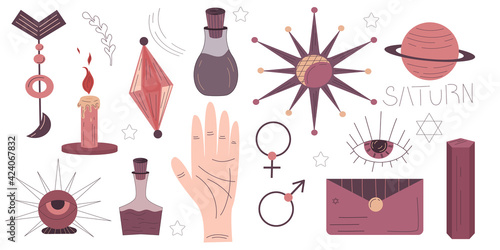 Boho set palmistry. Esoteric vector. Fashionable vector illustration in the style of flat line. A mystical drawing. Planet, crystal, hand, eye palmistry for design