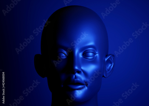 3d illustration rendering, ai robot head bionic face with data internet network, deep learning system technology machine