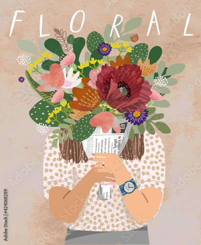 Floral. Woman with flower bouquet. Vector watercolor illustration of a girl holding flowers, plants and leaves. Greeting card for congratulations on mother's day, birthday and women's day