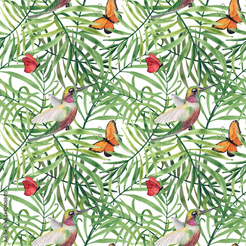 Watercolor seamless pattern hummingbird with butterfly. Hand painted tropical flowers. Heliconia. Tropical summer nature background . © SoCuteArtShop